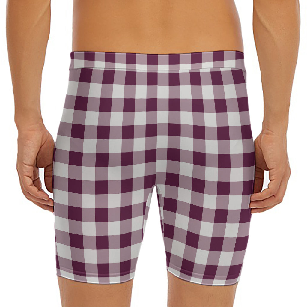 Burgundy And White Check Pattern Print Men's Long Boxer Briefs