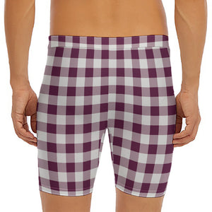 Burgundy And White Check Pattern Print Men's Long Boxer Briefs