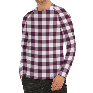 Burgundy And White Check Pattern Print Men's Long Sleeve Rash Guard