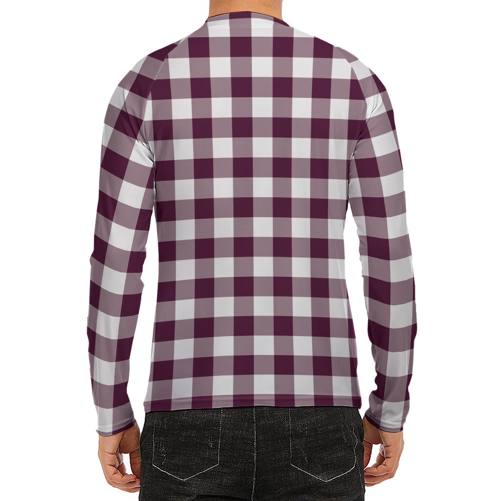 Burgundy And White Check Pattern Print Men's Long Sleeve Rash Guard