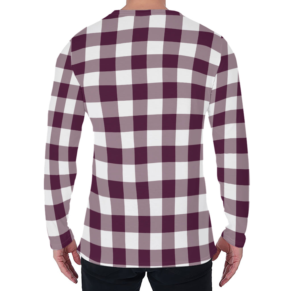 Burgundy And White Check Pattern Print Men's Long Sleeve T-Shirt