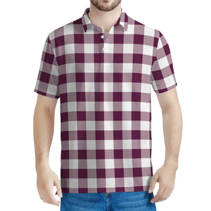 Burgundy And White Check Pattern Print Men's Polo Shirt