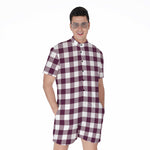 Burgundy And White Check Pattern Print Men's Rompers