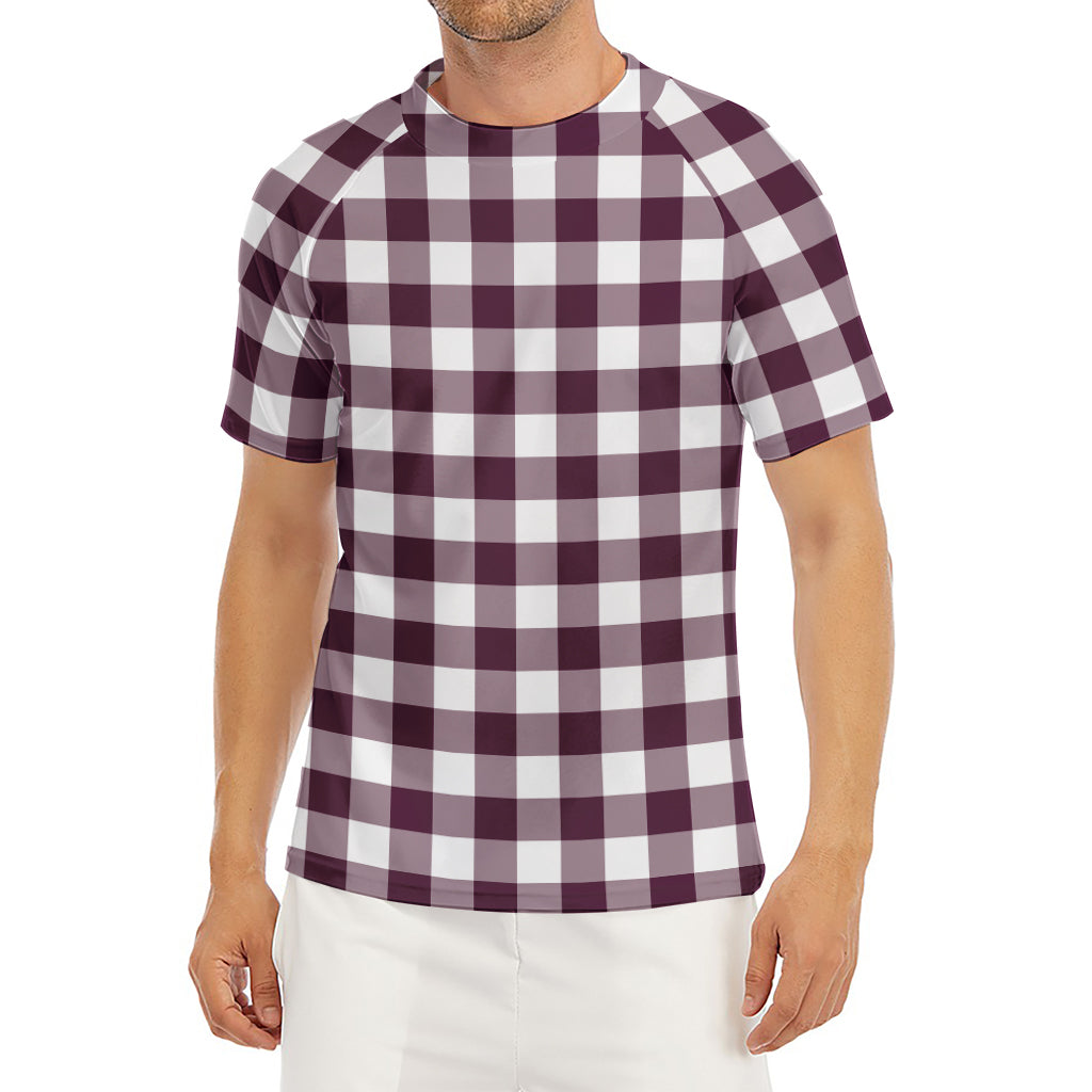 Burgundy And White Check Pattern Print Men's Short Sleeve Rash Guard