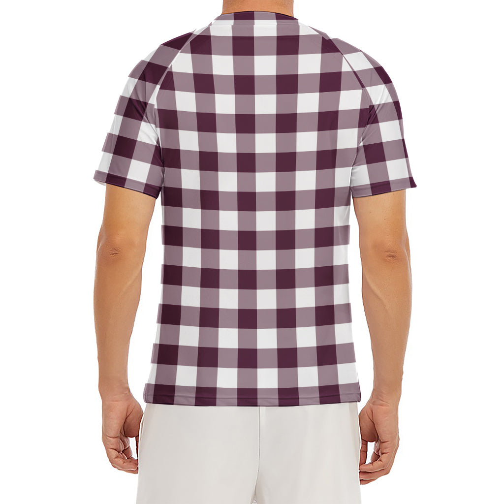 Burgundy And White Check Pattern Print Men's Short Sleeve Rash Guard