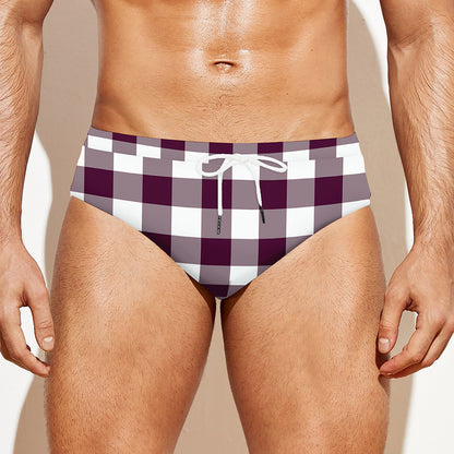 Burgundy And White Check Pattern Print Men's Swim Briefs