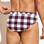 Burgundy And White Check Pattern Print Men's Swim Briefs