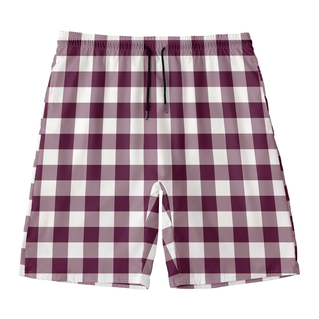 Burgundy And White Check Pattern Print Men's Swim Trunks