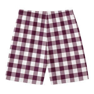 Burgundy And White Check Pattern Print Men's Swim Trunks