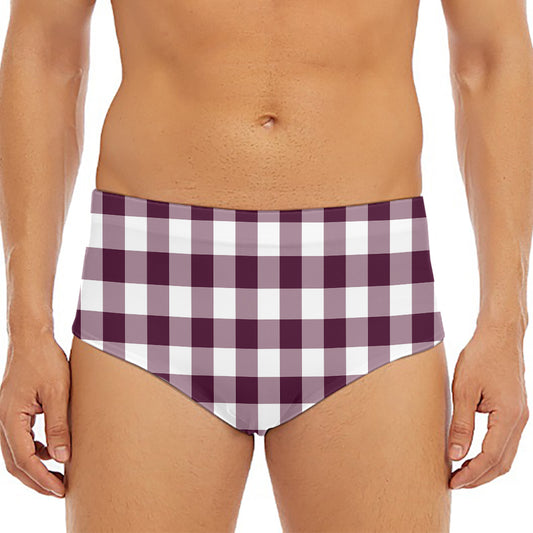 Burgundy And White Check Pattern Print Men's Triangle Swim Briefs