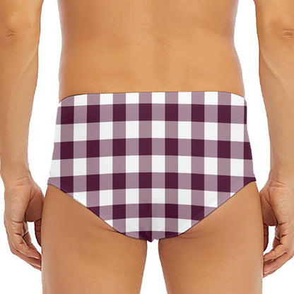Burgundy And White Check Pattern Print Men's Triangle Swim Briefs