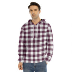 Burgundy And White Check Pattern Print Men's Velvet Pullover Hoodie