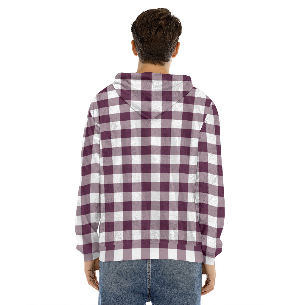 Burgundy And White Check Pattern Print Men's Velvet Pullover Hoodie