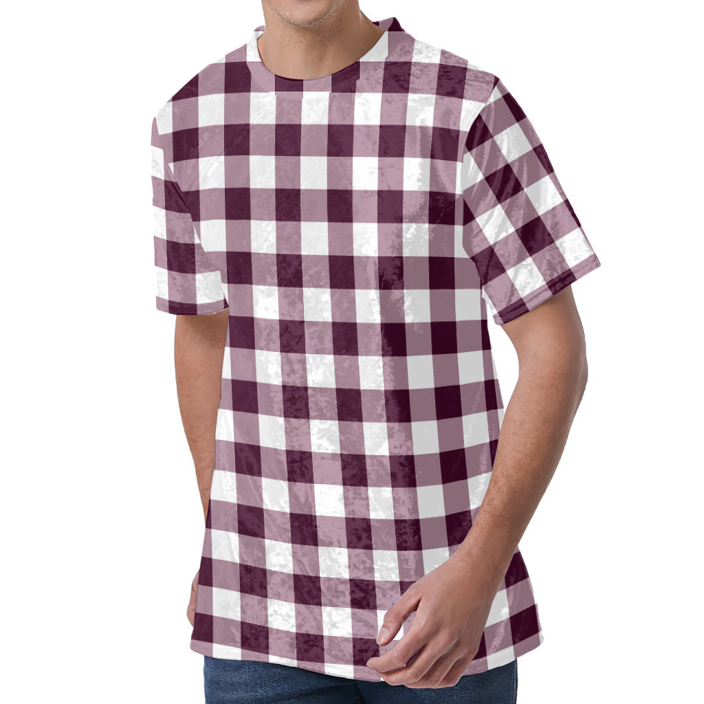 Burgundy And White Check Pattern Print Men's Velvet T-Shirt