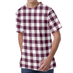 Burgundy And White Check Pattern Print Men's Velvet T-Shirt