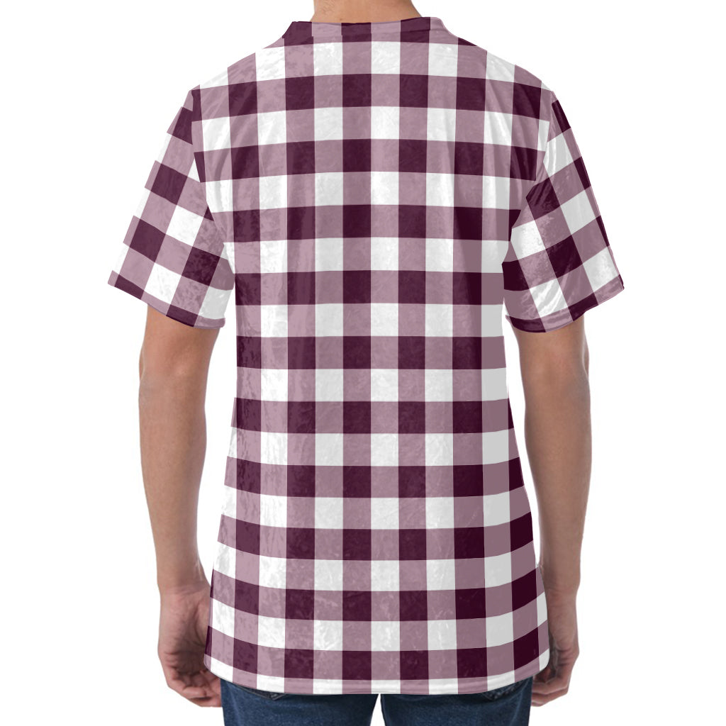 Burgundy And White Check Pattern Print Men's Velvet T-Shirt