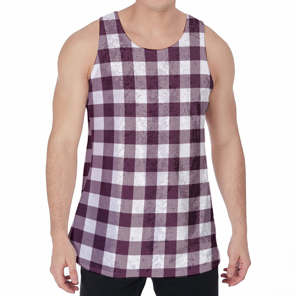 Burgundy And White Check Pattern Print Men's Velvet Tank Top