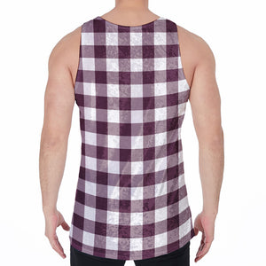 Burgundy And White Check Pattern Print Men's Velvet Tank Top