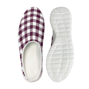 Burgundy And White Check Pattern Print Mesh Casual Shoes