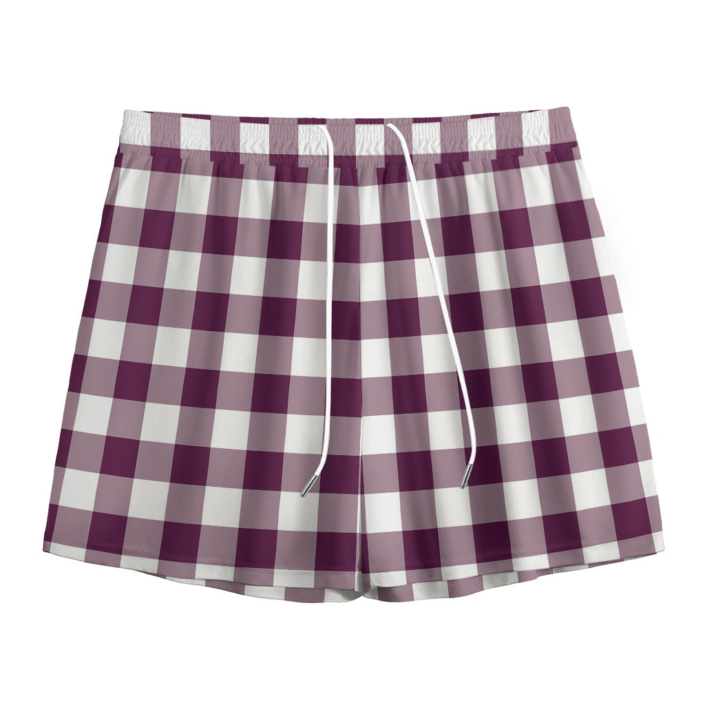 Burgundy And White Check Pattern Print Mesh Shorts