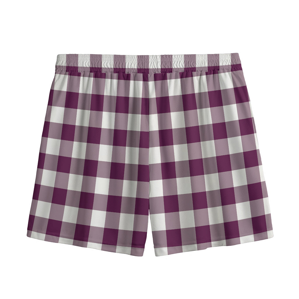 Burgundy And White Check Pattern Print Mesh Shorts