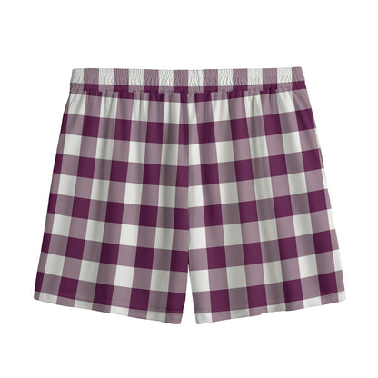 Burgundy And White Check Pattern Print Mesh Shorts