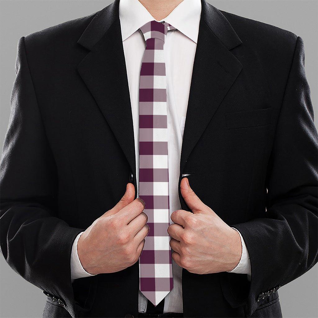 Burgundy And White Check Pattern Print Necktie