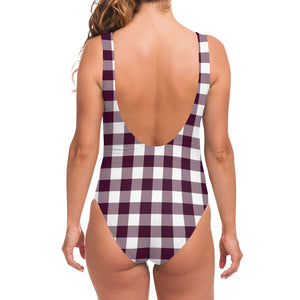 Burgundy And White Check Pattern Print One Piece Swimsuit