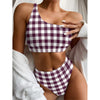 Burgundy And White Check Pattern Print One Shoulder Bikini Top