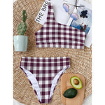 Burgundy And White Check Pattern Print One Shoulder Bikini Top