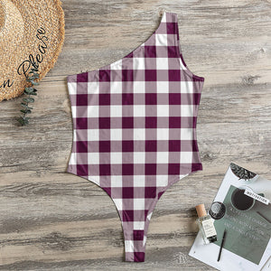 Burgundy And White Check Pattern Print One Shoulder Bodysuit