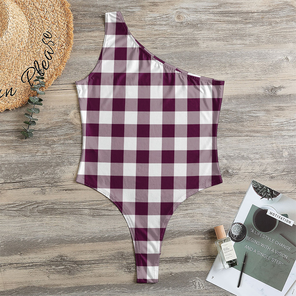 Burgundy And White Check Pattern Print One Shoulder Bodysuit