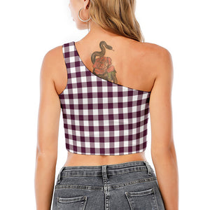 Burgundy And White Check Pattern Print One Shoulder Crop Top