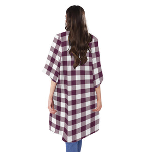 Burgundy And White Check Pattern Print Open Front Beach Cover Up