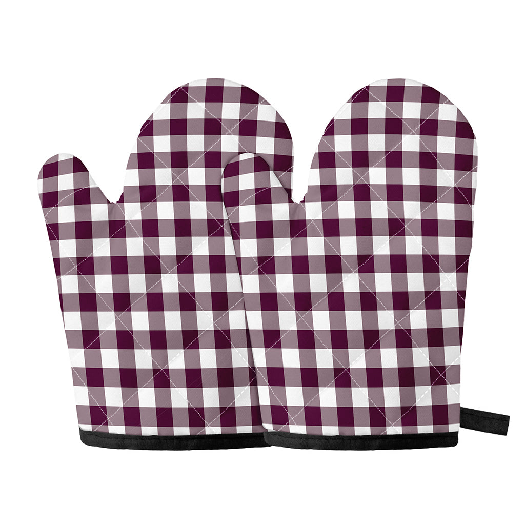 Burgundy And White Check Pattern Print Oven Mitts