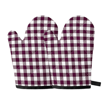 Burgundy And White Check Pattern Print Oven Mitts