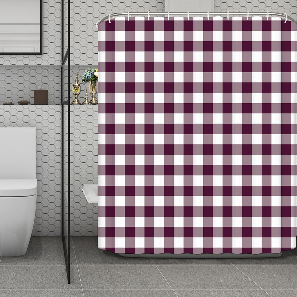 Burgundy And White Check Pattern Print Polyester Shower Curtain