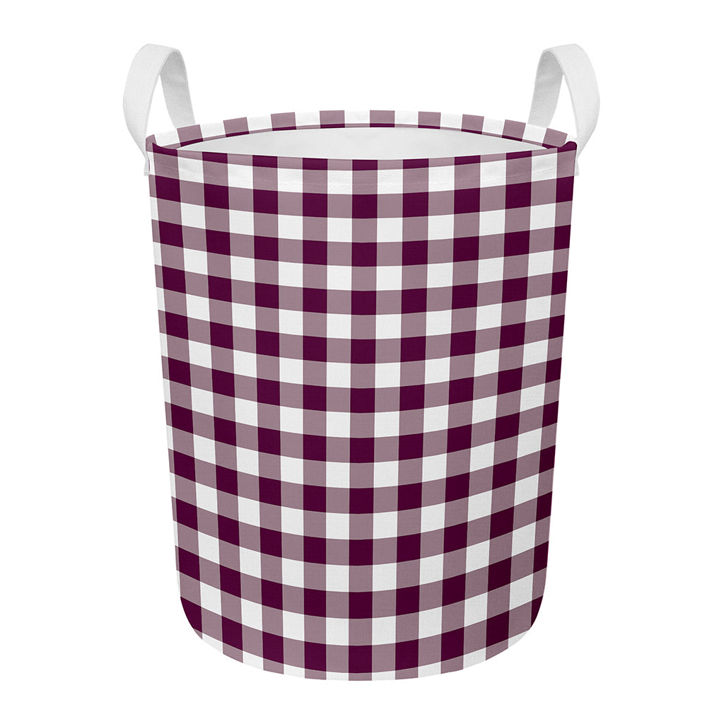 Burgundy And White Check Pattern Print Round Laundry Basket