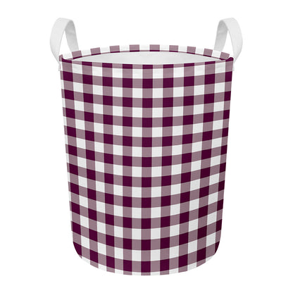 Burgundy And White Check Pattern Print Round Laundry Basket
