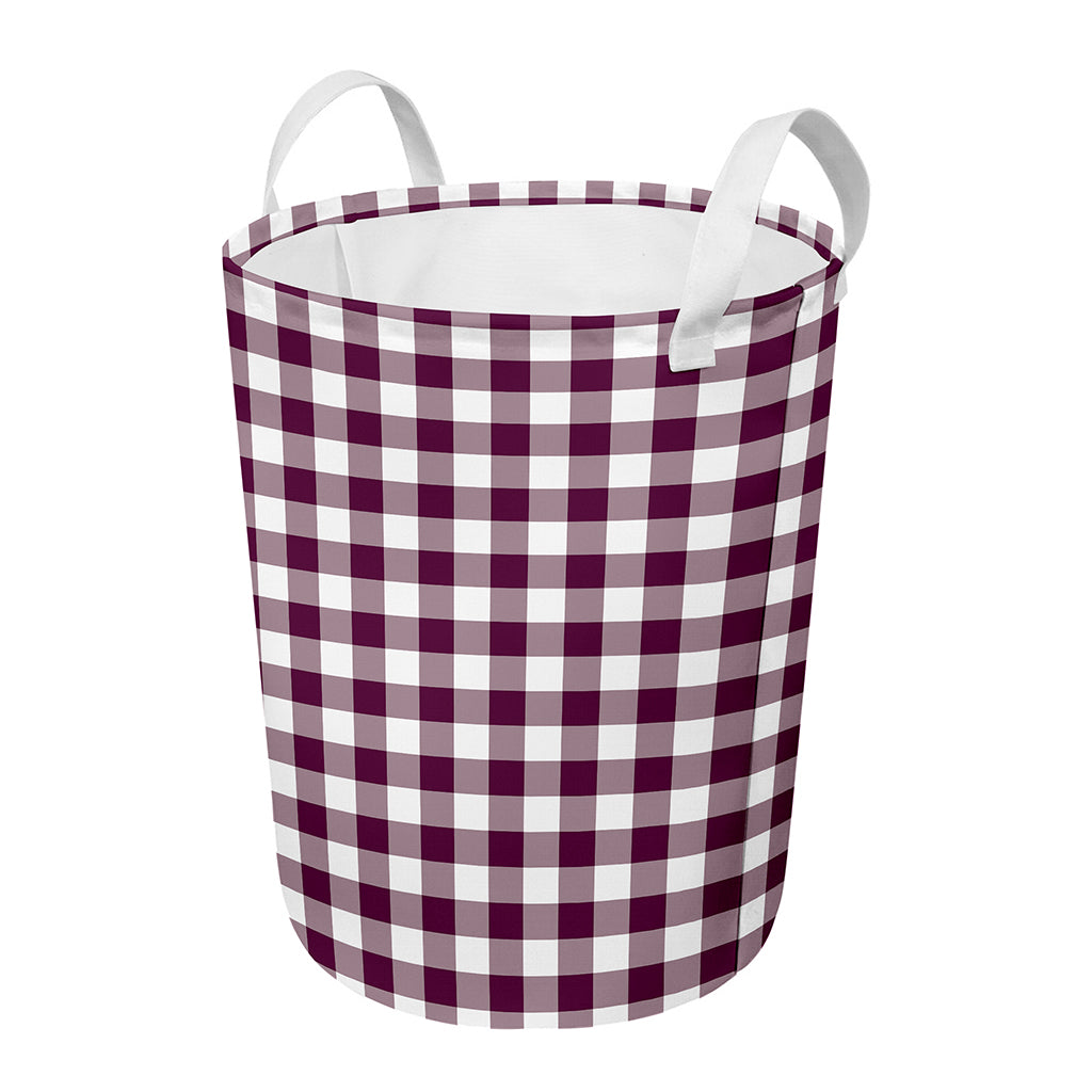 Burgundy And White Check Pattern Print Round Laundry Basket