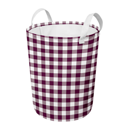 Burgundy And White Check Pattern Print Round Laundry Basket