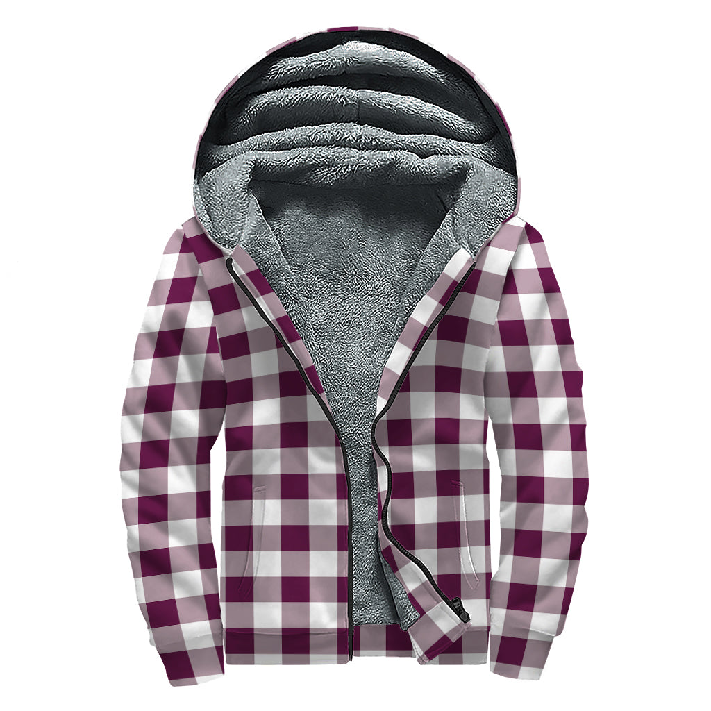 Burgundy And White Check Pattern Print Sherpa Lined Zip Up Hoodie