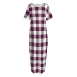 Burgundy And White Check Pattern Print Short Sleeve Long Nightdress