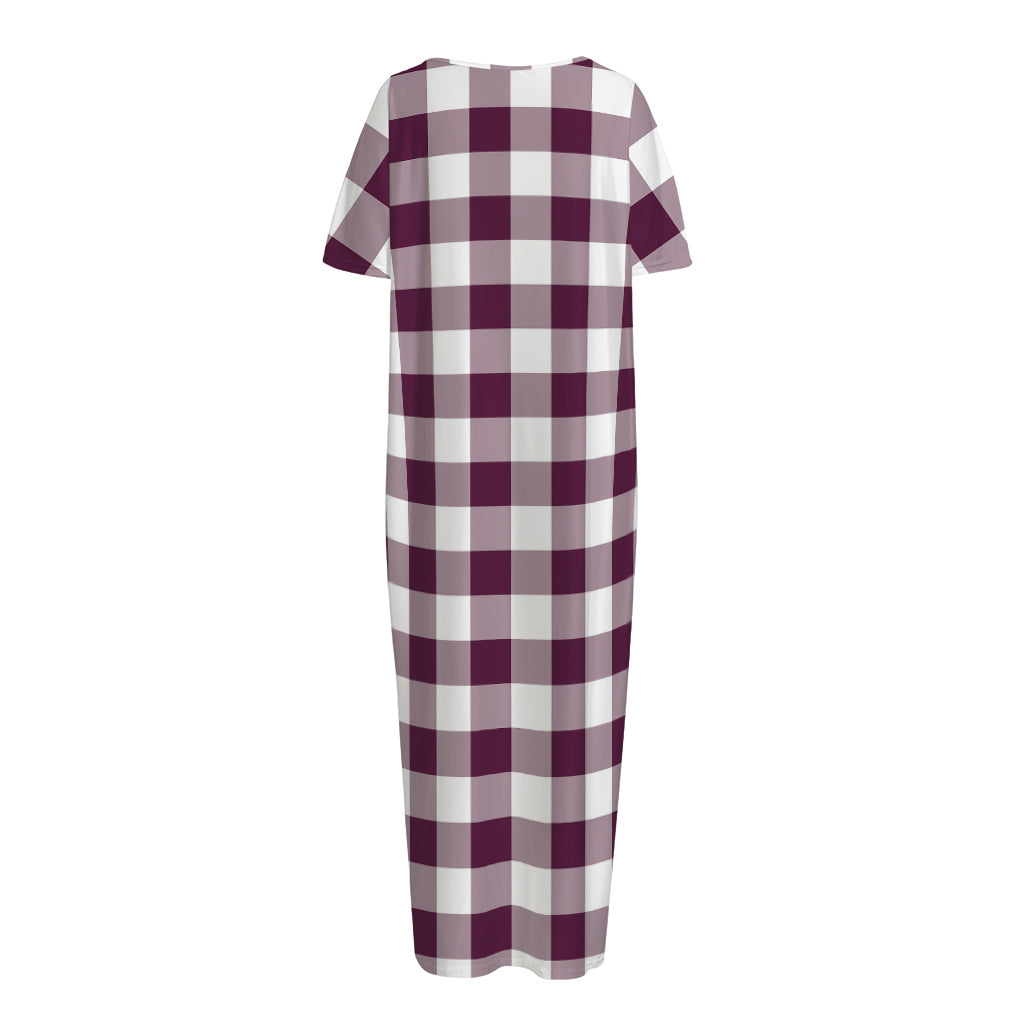 Burgundy And White Check Pattern Print Short Sleeve Long Nightdress