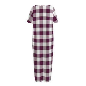 Burgundy And White Check Pattern Print Short Sleeve Long Nightdress