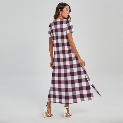 Burgundy And White Check Pattern Print Short Sleeve Maxi Dress