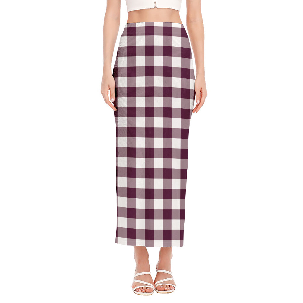 Burgundy And White Check Pattern Print Side Slit Maxi Skirt