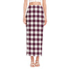 Burgundy And White Check Pattern Print Side Slit Maxi Skirt