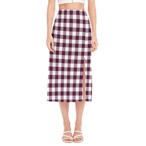 Burgundy And White Check Pattern Print Side Slit Midi Skirt