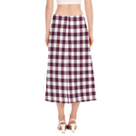 Burgundy And White Check Pattern Print Side Slit Midi Skirt